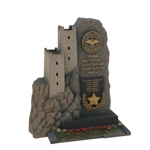 3D model of a stone monument with two medieval-style towers, rocky base, Cyrillic inscriptions, and a golden star within a la