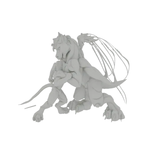 A white 3D model of a mythical winged beast kneeling with its forelimbs clasped, showcasing detailed musculature and feathere