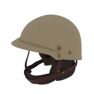 3D model of a vintage safari helmet with a tan shell, brown leather chin strap, and brass accents, set against a black backgr