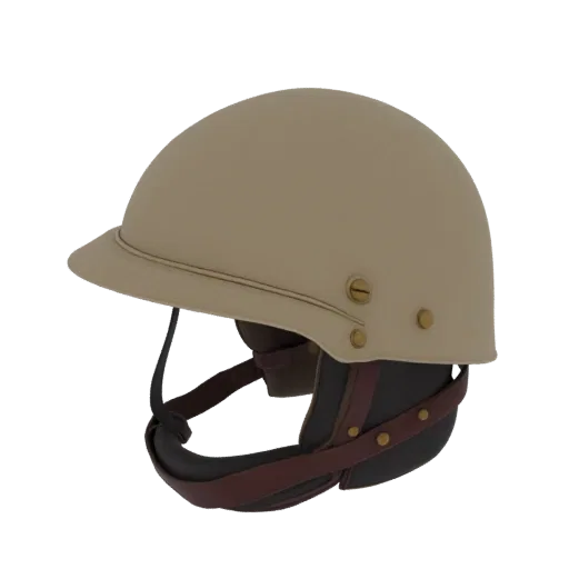 3D model of a vintage safari helmet with a tan shell, brown leather chin strap, and brass accents, set against a black backgr