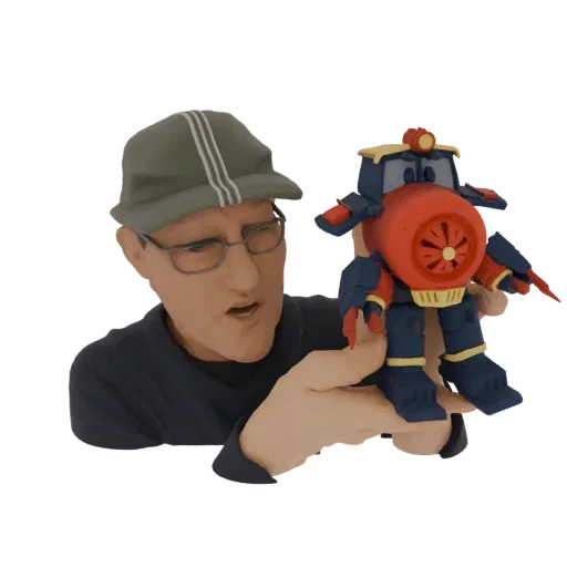 3D model of a man wearing a cap and glasses, holding up and showing a colorful toy train robot with a red front.