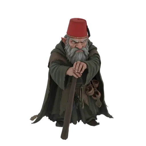3D model of a grumpy gnome with a white beard, wearing a red fez and green robes, leaning on a wooden staff.