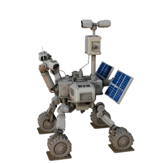 Prospector Sample Collector 3D model, three-quarter front view, Unity viewport, showing dusty wheels, vehicle stance.