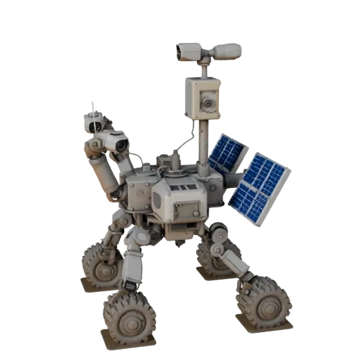 Modèle 3D Collecteur d'échantillons Prospecteur, vue trois-quarts avant, viewport Unity, montrant roues poussiéreuses, postur