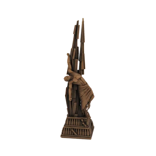 3D model of a bronze monument featuring a fallen hero figure draped over sharp, angular structures, with a detailed base.