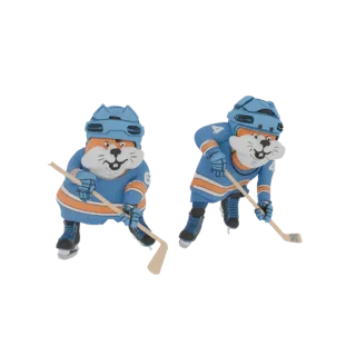Modèle 3D de deux mignons castors de dessin animé déguisés en joueurs de hockey, l'un en position d'attaque et l'autre en pos