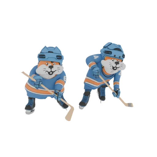 3D model of two cute cartoon beavers dressed as hockey players, one in a forward stance and the other in a defensive pose.