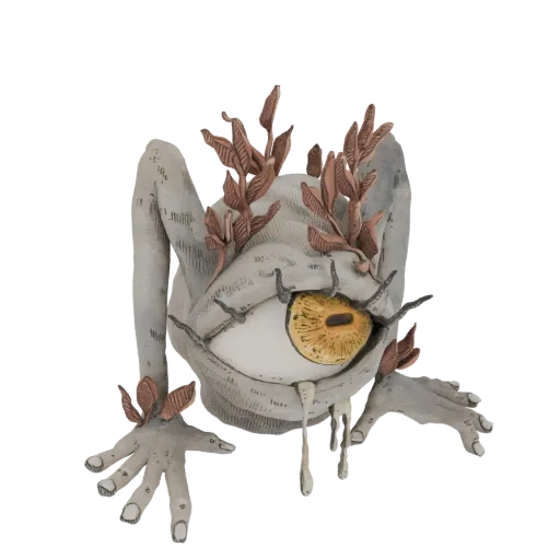 3D model of a grotesque, one-eyed creature with textured grey skin and brown foliage sprouting from its head and limbs.