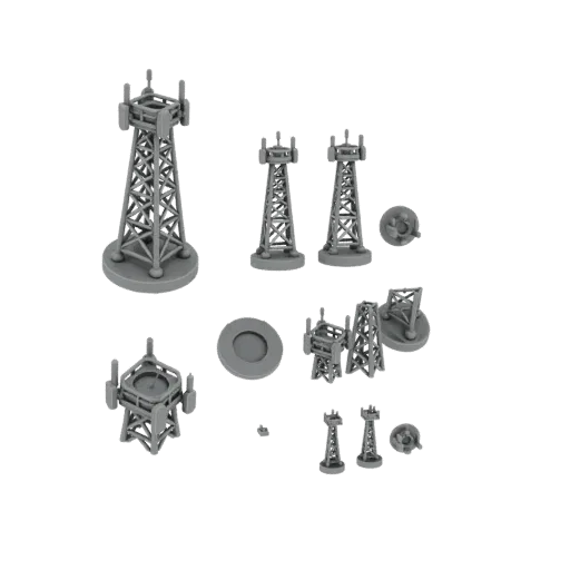 A collection of 3D rendered miniature cell towers with lattice structures and antennas, displayed on a white background.