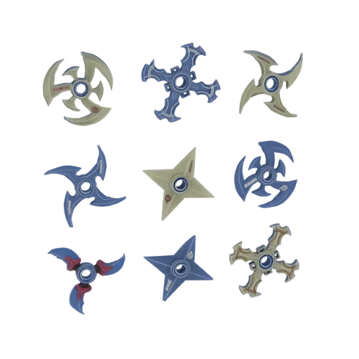 A grid of nine distinct 3D models, each depicting a stylized ninja shuriken spinner with unique blade shapes and color accent