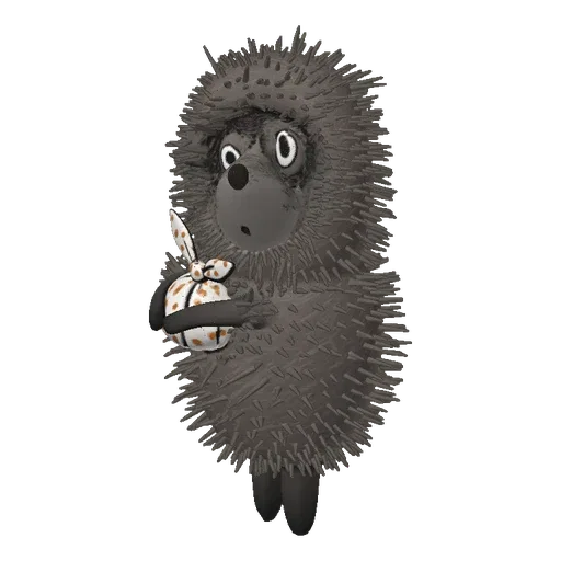 A 3D render of a cute, grey, furry hedgehog character holding a small, white and orange patterned gift.