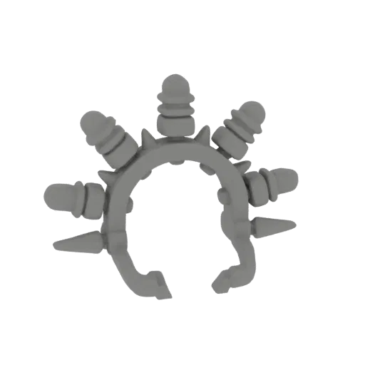 3D model of a grey, open ring adorned with sharp spikes and segmented protrusions, rendered on a white background.