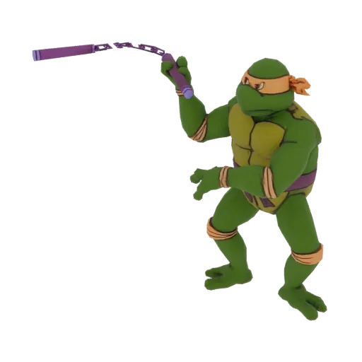 3D model of Michelangelo from Teenage Mutant Ninja Turtles, mid-action with his nunchucks raised.