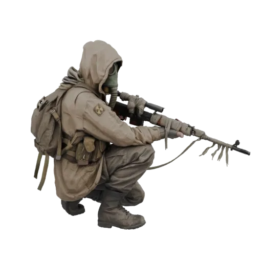 3D model of a Stalker soldier in a gas mask and tactical gear, crouching with a sniper rifle.