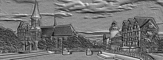 3D model of "Kant" bas-relief with city architecture, including buildings, bridge, and trees