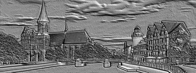 3D model of "Kant" bas-relief with city architecture, including buildings, bridge, and trees