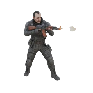 Modèle 3D d'un soldat en équipement tactique tirant avec un AK-47 avec effet de flash de bouche