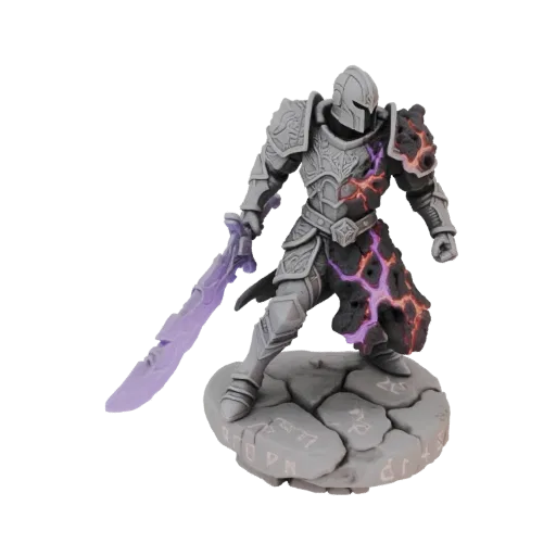 3D model of a fantasy knight with armor appearing to be made of molten rock and glowing purple energy, holding a luminous sword, standing on a runic base.