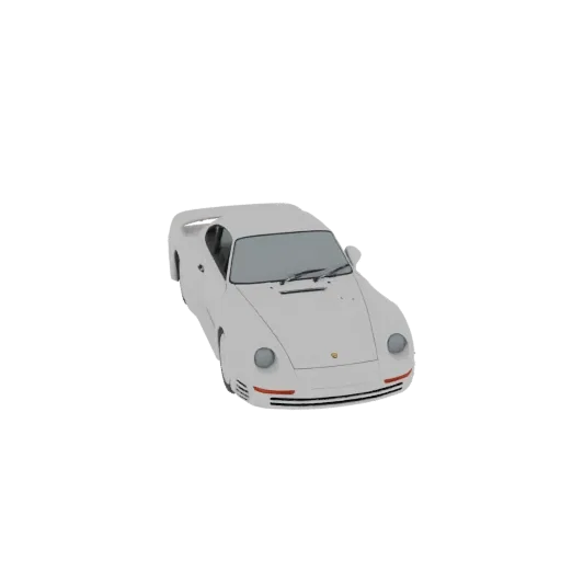 A detailed 3D model of a white Porsche 959 sports car, viewed from a slightly elevated front-right angle against a black back