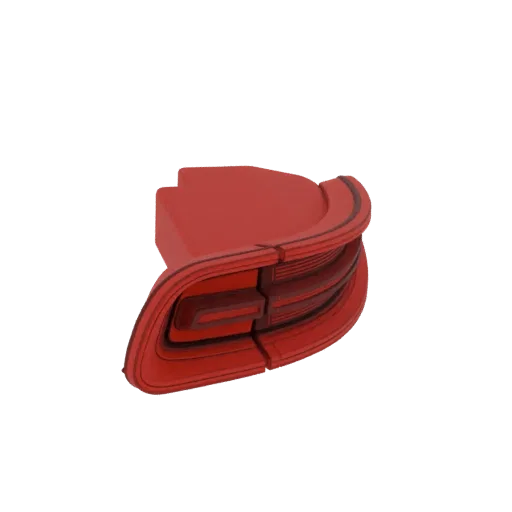 3D model of a red automotive tail light with intricate detailing and a sleek design, presented on a black background.