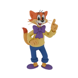 3D model of a cartoon cat character wearing a yellow shirt, blue pants, and a purple bowtie, striking a playful pose with one