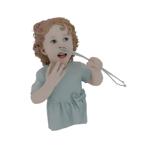 3D model of a curious toddler girl with curly hair, wearing a blue dress, holding a bubble wand and looking upwards.