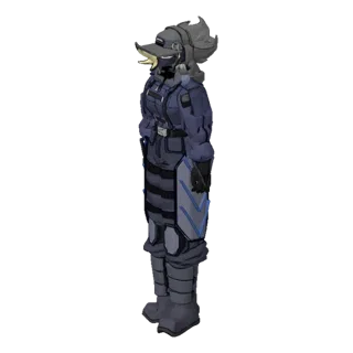 3D model of a tactical operator in a blue and grey uniform, holding a grenade, with a wire overhead.