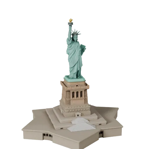 Statue de la Liberté modèle 3D stylisé, vue isométrique d'environnement de jeu stylisé, montrant les matériaux de structure d