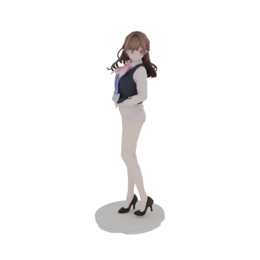 3D model of an anime girl in a school uniform with a pink scarf, standing on a circular base.