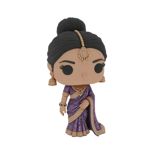 3D model of a Funko Pop style Indian bride wearing a purple sari and gold jewelry, with hair in an updo and a maang tikka.