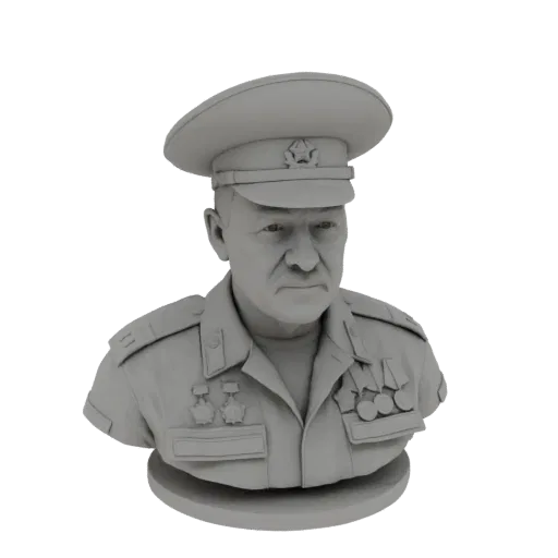 Rendu 3D d'un buste gris d'un officier militaire soviétique portant une casquette à visière et orné de plusieurs médailles.