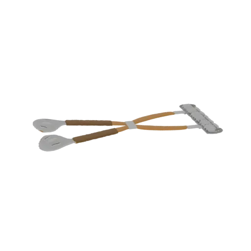3D model of kitchen tongs with brown handles and interchangeable spoon and fork ends, shown from a side view.
