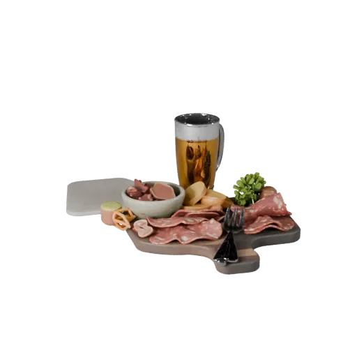 Cafe Charcuterie Board Realistic 3D model, three-quarter studio render, showing ceramic, arranged serving layout.