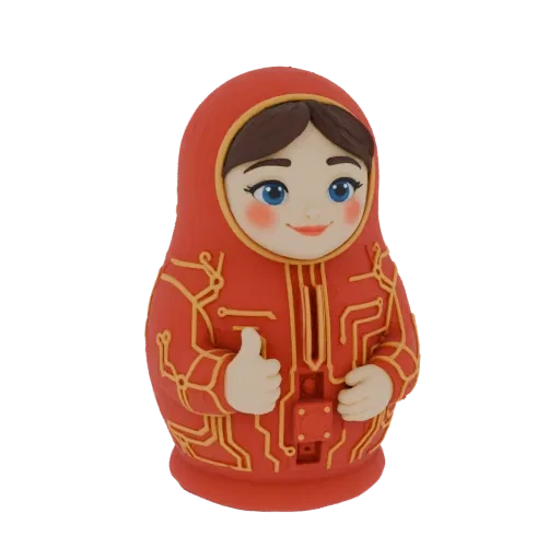 3D model of a futuristic Matryoshka doll with red body and gold circuitry patterns, giving a thumbs-up.