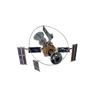 Navigation Orbital Telescope 3D model, three-quarter front view, Unity viewport, showing solar panels, form detail.