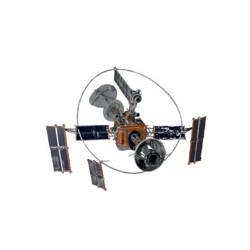 Modelo 3D Telescopio Orbital de Navegación, vista frontal tres cuartos, viewport de Unity, mostrando paneles solares, detalle