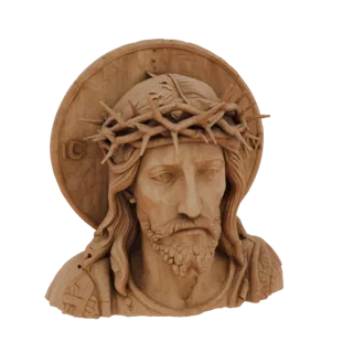 3D model of Jesus Christ bas-relief in a crown of thorns, wood carving style, with "IC XC" monogram on the halo.