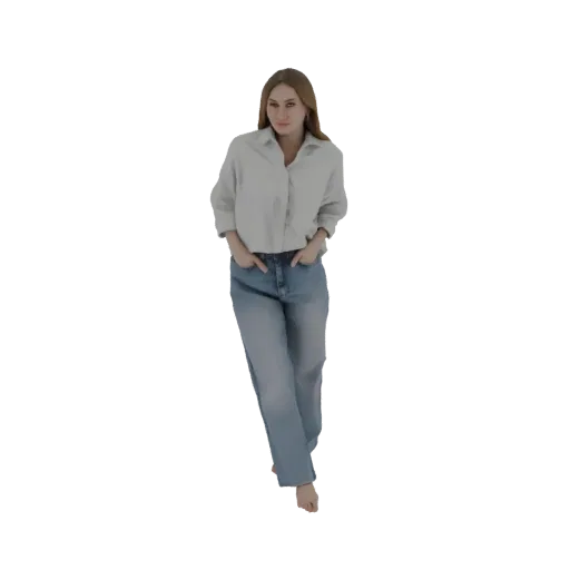 3D model of a woman with long brown hair, wearing a light blue shirt and blue jeans, standing with hands in pockets.