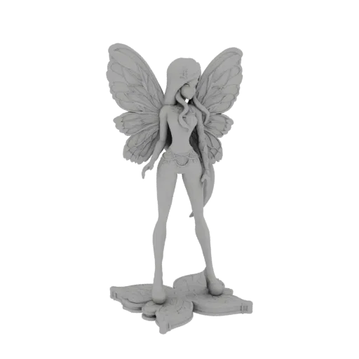 3D model of an elegant fairy with large butterfly wings and a leaf base, rendered in a neutral gray.