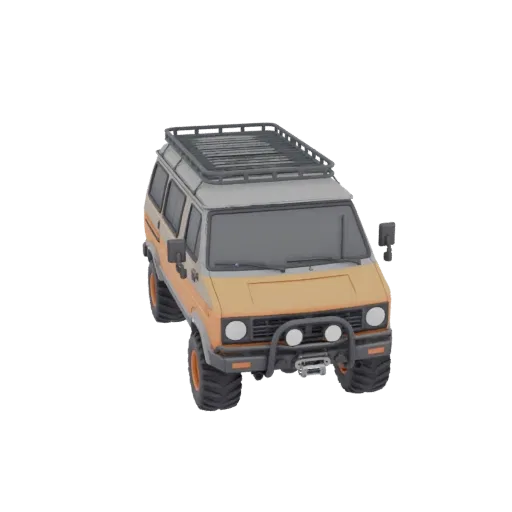 3D model of an orange and grey off-road van with a roof rack and front winch, shown from a high-angle perspective.