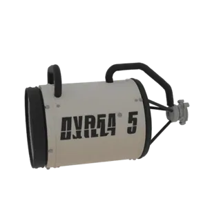Modello 3D di una pistola termica industriale color crema con marchio nero "DYNA 5", caratterizzato da ugello e manico neri.