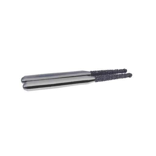 3D model of two diamond burs with polished metal shanks and textured diamond-coated tips, arranged side-by-side.