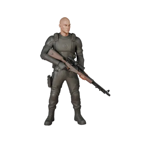 Personnage 3D de sniper ennemi d'assaut de science-fiction, vue du moteur, atout prêt pour l'animation avec pose debout ; fus