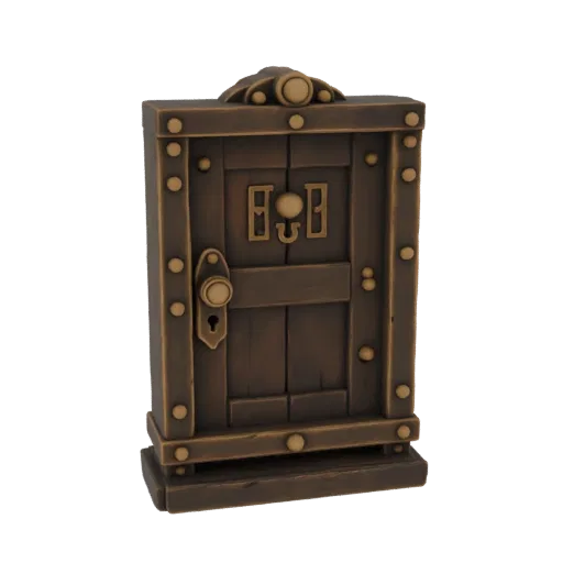 3D model of an ornate, rustic wooden door with brass handle, keyhole, and decorative studs, set against a black background.