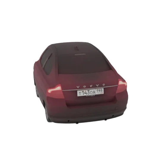 Modelo 3D de un sedán Volvo rojo, visto desde atrás a la izquierda, mostrando sus luces traseras y matrícula.