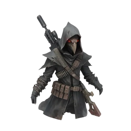 3D model of a Plague Doctor character wearing a hooded cloak and bird mask, holding a sniper rifle.