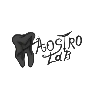 3D model of a stylized tooth with the text 'M-Aostro Lab' in a flowing script, presented on a black background.