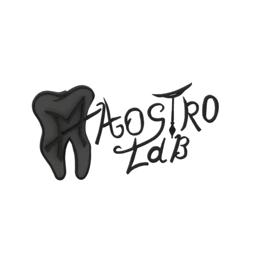 3D model of a stylized tooth with the text 'M-Aostro Lab' in a flowing script, presented on a black background.