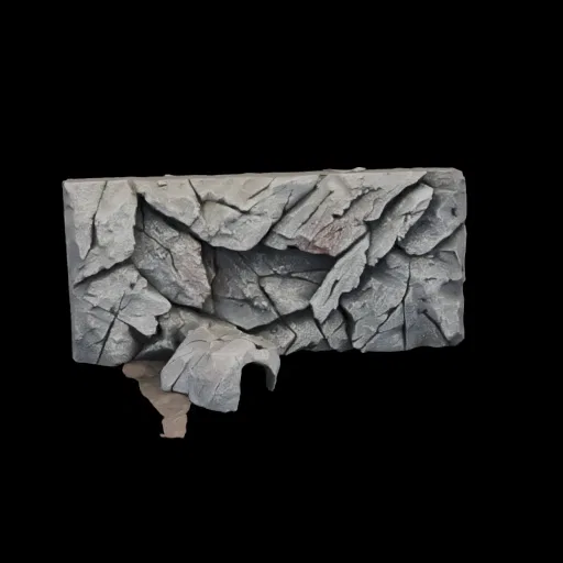 3D model of a grey, cracked rock wall with a protruding section, suitable for dioramas and gaming.