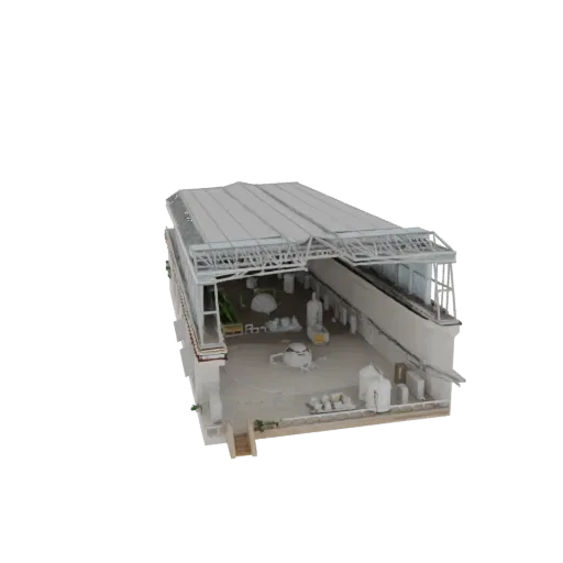 Modèle 3D d'un intérieur d'entrepôt industriel, montrant machines, stockage et structure de toit.